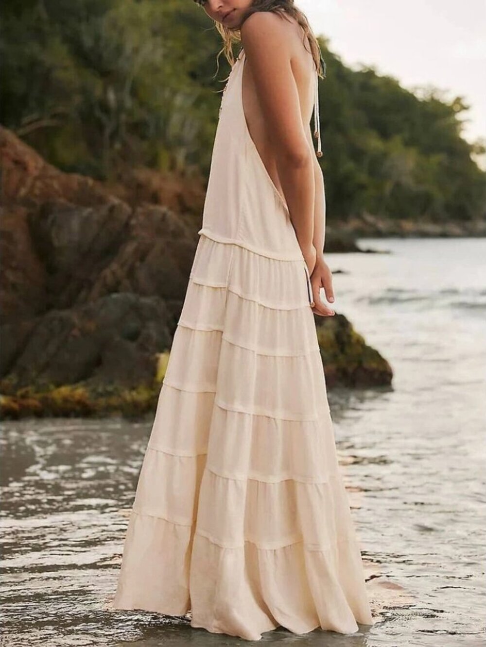 Free People Somewhere Sunny Drop-Waist Maxi Dress Beige Oatmeal Size S/P